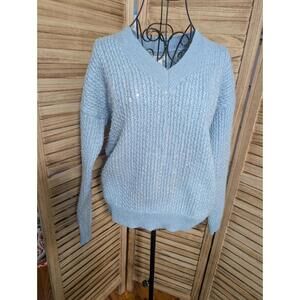 Nine West Sparkly Light Blue V-Neck Pullover Sweater Women Sz Small Knit Stretch